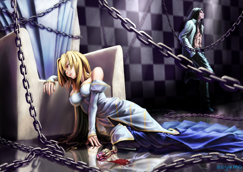 1girl archetype_earth arcueid_brunestud blonde_hair blood breasts chain cup dress gown impossible_clothes impossible_shirt large_breasts long_hair michael_roa_valdamjong nagumo_(qmzp10) princess red_eyes shirt throne tsukihime very_long_hair