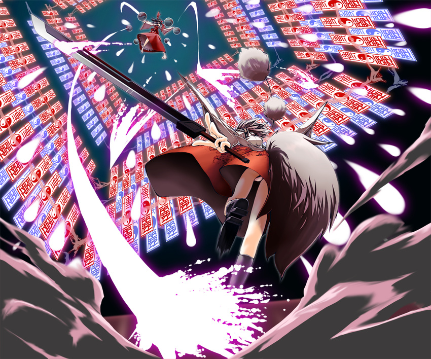 battle black_hair danmaku detached_sleeves duel hakurei_reimu inubashiri_momiji mazuka_kei multiple_girls panties pantyshot sword tail touhou underwear upskirt weapon white_hair wolf_tail yin_yang