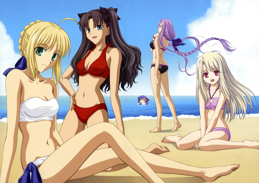 absurdres ahoge artoria_pendragon_(all) back bare_shoulders barefoot beach between_thighs bikini braid day fate/stay_night fate_(series) green_eyes hair_ornament hand_on_hip highres illyasviel_von_einzbern ishihara_megumi long_legs matou_sakura multiple_girls red_eyes rider saber swimsuit toosaka_rin