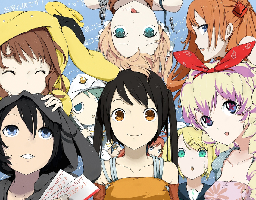 6+girls :p ahoge alice_carroll aqua_eyes arancia aria bad_id bad_pixiv_id bikini_bottom black_hair blue_eyes borrowed_character bow brown_eyes brown_hair chain closed_eyes comiket crossover darth_wooser detached_sleeves francisco_valle grin habit hair_bow hair_ornament hairclip headset kagamine_rin long_hair looking_up maid_headdress multiple_crossover multiple_girls neon_genesis_evangelion nia_teppelin open_mouth original personification profile sf-a2_miki shikinami_asuka_langley smile souryuu_asuka_langley star supercell takagi_(tansuke) tengen_toppa_gurren_lagann ticket tongue tongue_out twintails upside-down vocaloid wooser_(character)