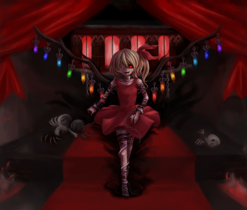 alternate_wings blonde_hair blood chain commentary_request emerane evil_grin evil_smile flandre_scarlet glowing glowing_eyes grin hat highres ponytail red_eyes short_hair side_ponytail smile solo touhou wings