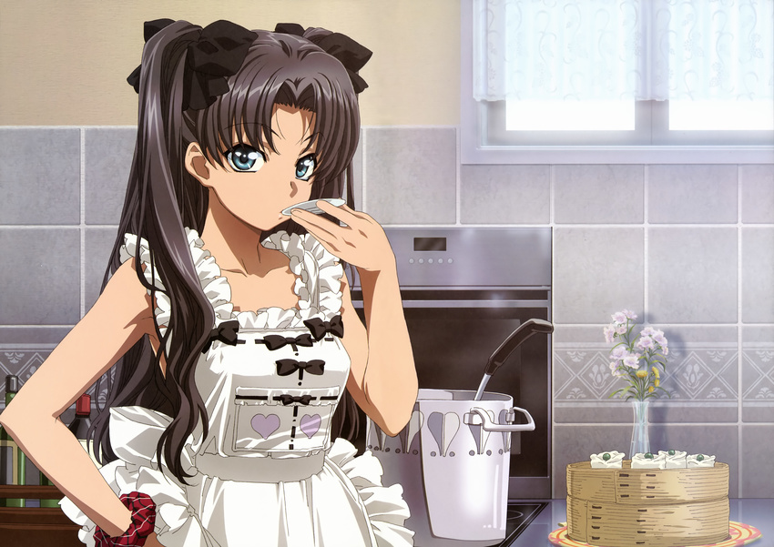 absurdres apron black_hair blue_eyes fate/stay_night fate_(series) hand_on_hip highres kitchen long_hair looking_at_viewer nakajima_atsuko naked_apron plaid plaid_scrunchie ribbon scrunchie solo tasting tile_wall tiles toosaka_rin two_side_up window wrist_scrunchie