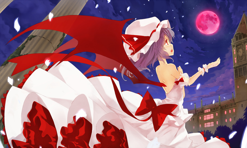 alternate_costume bad_id bad_pixiv_id bare_back bare_shoulders bat_wings clock clock_tower dress full_moon hat kawahara_fantasia moon petticoat pillar purple_hair red_eyes red_moon remilia_scarlet scarlet_devil_mansion short_hair solo touhou tower wings wrist_cuffs