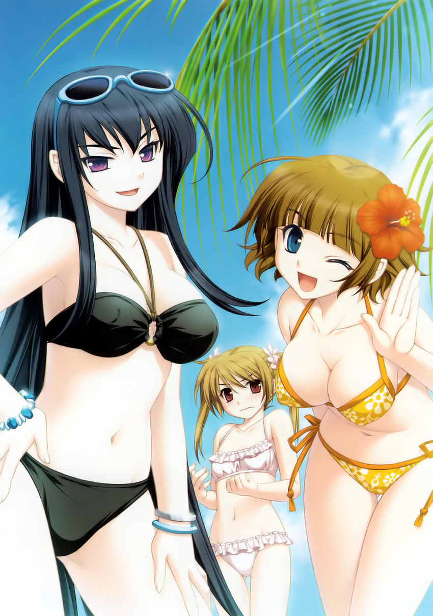 &gt;:( :d ;d annoyed armpits ass_visible_through_thighs ayaya_enishi bandeau bangs bead_bracelet beads bikini black_bikini black_hair blue_eyes blunt_bangs bracelet breast_envy breasts brown_hair cleavage closed_mouth cloud collarbone comu_-kuroi_ryuu_to_yasashii_oukoku- contrapposto covered_nipples cowboy_shot day eyebrows_visible_through_hair eyewear_on_head flower frilled_bikini frills frown groin_tendon hair_between_eyes hair_flower hair_ornament halterneck hand_on_hip hand_on_own_thigh hand_up happy hibiscus highres hinaori_kagome jewelry leaning_forward light_brown_hair long_hair looking_at_breasts medium_breasts multiple_girls navel o-ring o-ring_bikini o-ring_top official_art one_eye_closed open_mouth orange_bikini outdoors palm_tree print_bikini purple_eyes red_eyes red_flower saeki_hokuto salute short_hair side-tie_bikini sidelocks sky small_breasts smile standing straight_hair sunglasses swimsuit takekawa_benio thigh_gap thighs tree twintails v-shaped_eyebrows very_long_hair white_bikini white_flower