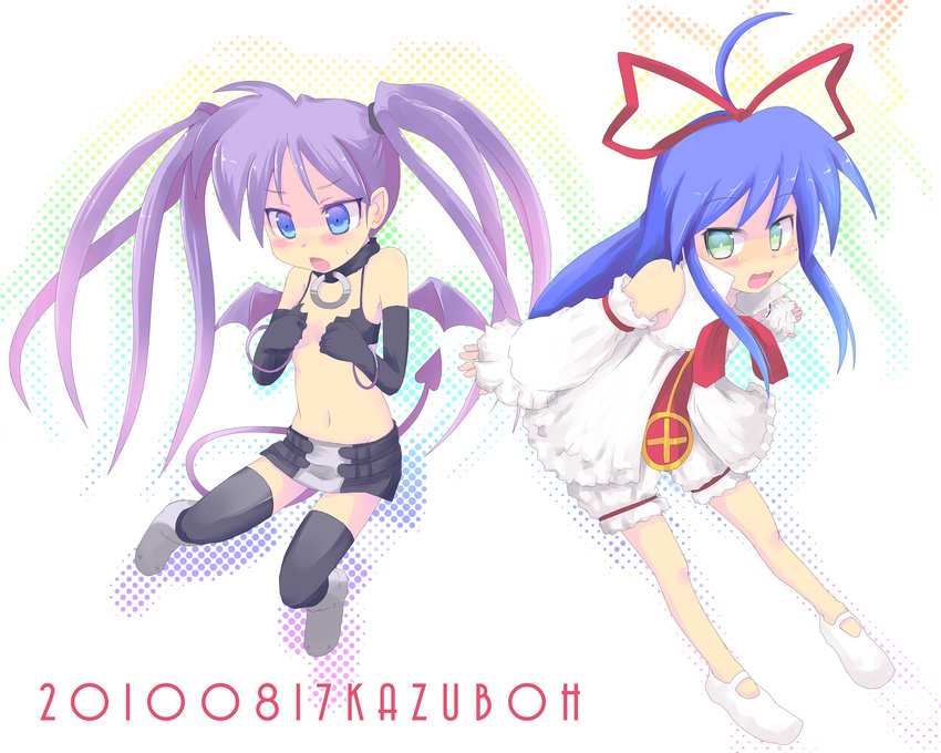 :3 ahoge bad_id bad_pixiv_id bare_shoulders blue_eyes blue_hair blush choker cosplay demon_tail detached_sleeves disgaea dress embarrassed etna etna_(cosplay) flonne flonne_(cosplay) green_eyes groin hair_ribbon highres hiiragi_kagami izumi_konata kazuboh long_hair lucky_star midriff mole mole_under_eye multiple_girls navel purple_hair ribbon skirt tail thighhighs tsurime twintails wings zettai_ryouiki