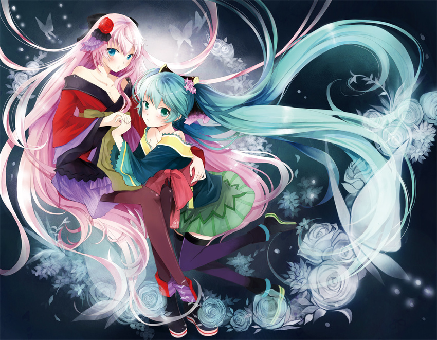 aqua_hair blue_eyes blue_flower blue_rose blush bug butterfly chou_(module) flower hair_flower hair_ornament hair_ribbon hana_(module) hatsune_miku holding_hands insect japanese_clothes kimono long_hair magnet_(vocaloid) megurine_luka miyabi_akino multiple_girls pantyhose pink_hair project_diva_(series) project_diva_2nd red_flower red_rose ribbon rose thighhighs twintails very_long_hair vocaloid