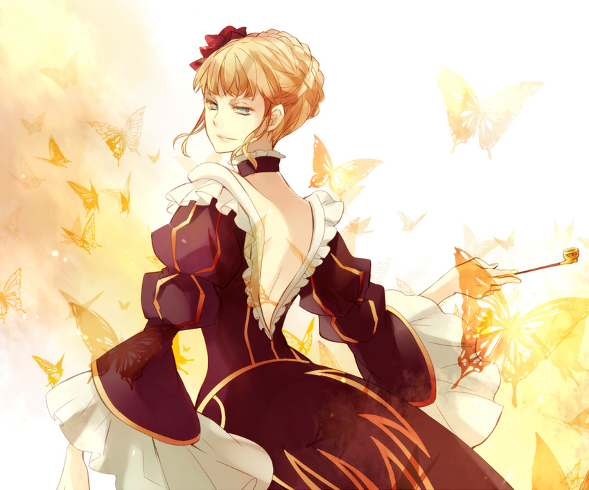 ayko beatrice blonde_hair butterfly dress flower from_behind hair_bun hair_flower hair_ornament looking_back open-back_dress open_back pipe solo umineko_no_naku_koro_ni