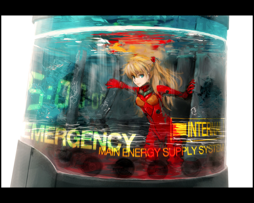 blonde_hair blue_eyes english highres koromoya_kai neon_genesis_evangelion plugsuit smile solo souryuu_asuka_langley water