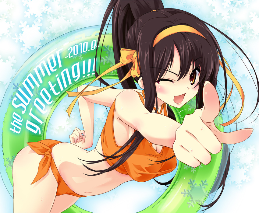 bikini breasts brown_hair cleavage crop_top foreshortening hair_ribbon hands innertube long_hair medium_breasts one_eye_closed pointing ponytail ribbon shirt side-tie_bikini solo suzumiya_haruhi suzumiya_haruhi_no_yuuutsu swimsuit taut_clothes taut_shirt urabi_(tomatohouse) yellow_eyes