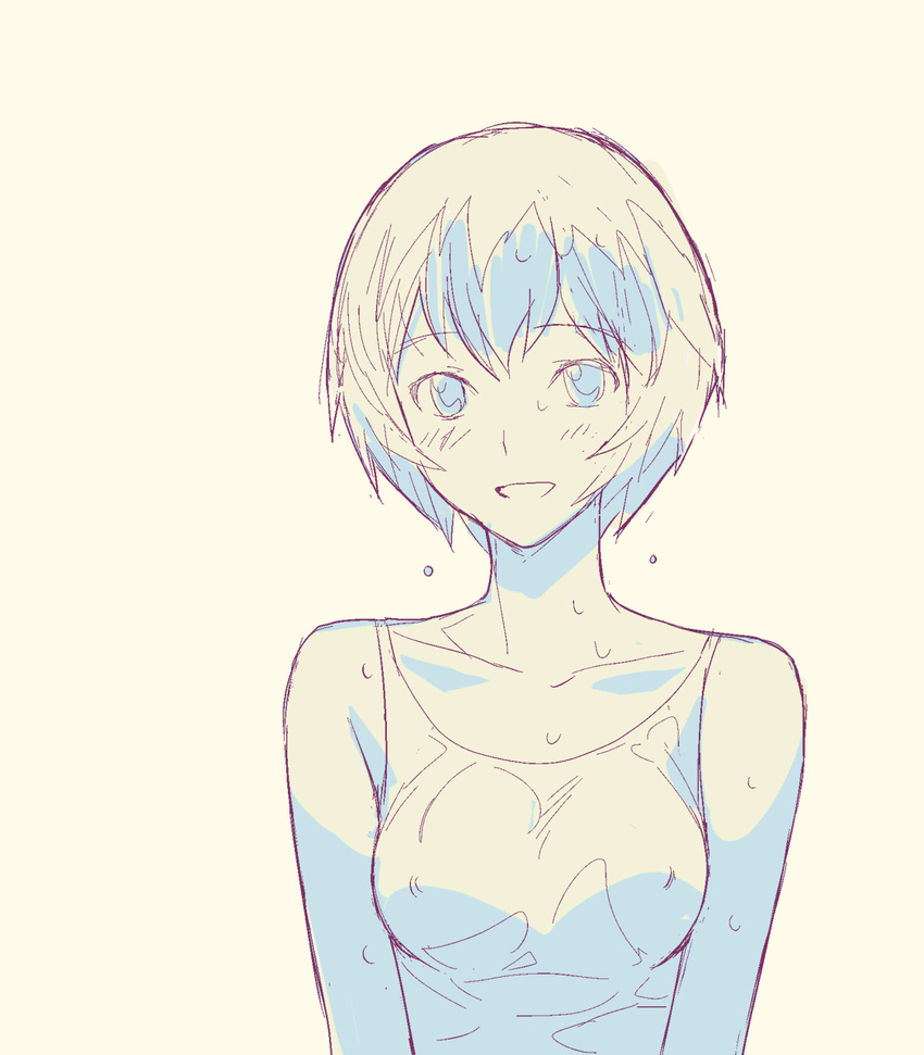 a1 ayanami_rei breasts covered_nipples face highres monochrome neon_genesis_evangelion non-web_source short_hair sketch small_breasts smile solo sweat tank_top