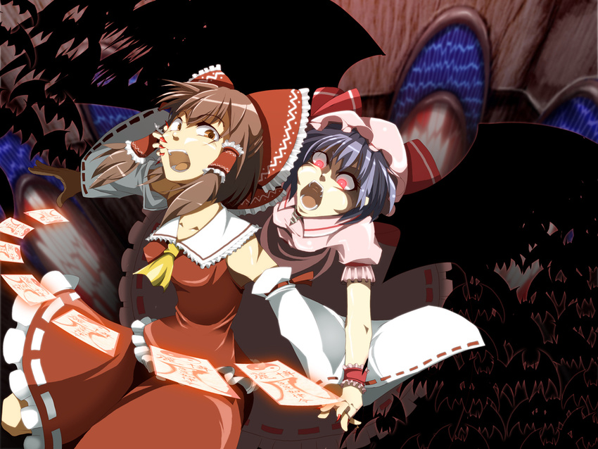 ascot bat bow brown_hair chasing detached_sleeves fangs fingernails frills glowing glowing_eyes hair_bow hair_tubes hakurei_reimu hat kurosu_(masaru) lavender_hair long_fingernails mob_cap multiple_girls ofuda open_mouth red_eyes remilia_scarlet scared short_hair spell_card touhou vampire