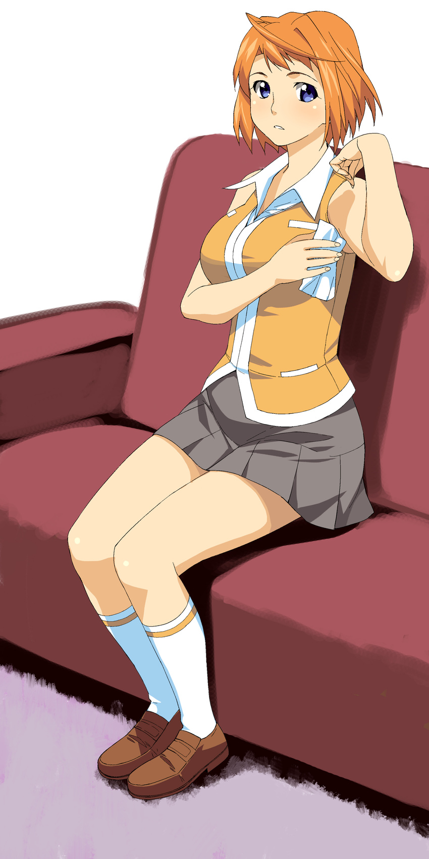 a1 absurdres bare_shoulders blue_eyes couch highres kneehighs my-hime non-web_source orange_hair orange_shirt shirt short_hair sitting skirt socks solo tokiha_mai