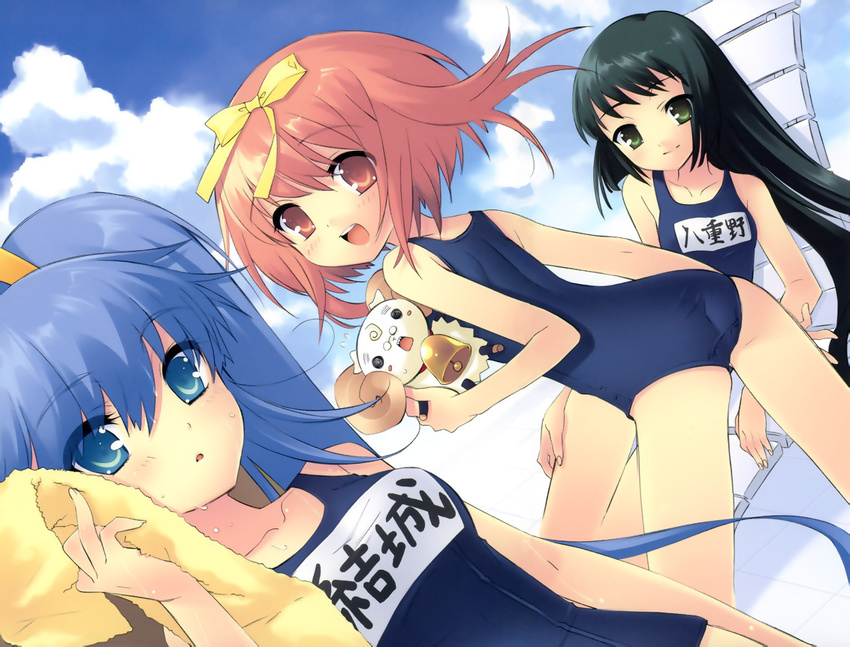 akihime_sumomo black_eyes black_hair blue_eyes blue_hair blush clouds itou_noiji long_hair nanatsuiro_drops pink_eyes pink_hair ribbons scan school_swimsuit short_hair sky swimsuit towel yaeno_nadeshiko yuuki_nona