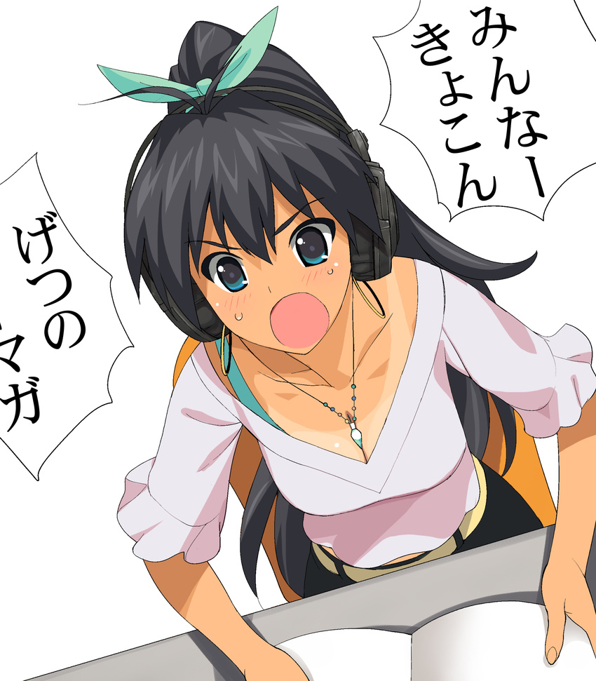 a1 black_hair breasts cleavage earrings from_above ganaha_hibiki headphones highres idolmaster idolmaster_(classic) jewelry medium_breasts necklace non-web_source open_mouth ponytail solo tan tanline translation_request