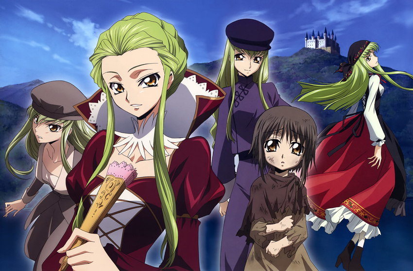 absurdres age_progression black_hair brown_eyes c.c. castle code_geass collarbone dress green_hair hat highres kawaguchi_rie long_hair looking_at_viewer multiple_views red_dress short_hair