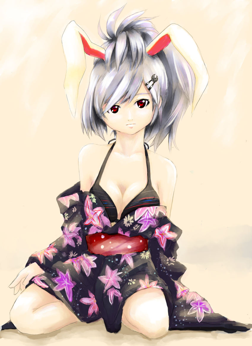 absurdres alternate_hairstyle animal_ears bare_shoulders bra breasts bunny_ears cleavage folded_ponytail hair_ornament hairclip highres japanese_clothes kimono lingerie maruto-b medium_breasts open_clothes open_kimono red_eyes reisen_udongein_inaba short_hair silver_hair solo touhou underwear