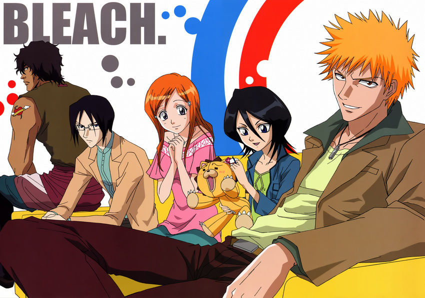 black_hair bleach brown_hair glasses group inoue_orihime ishida_uryuu kon kuchiki_rukia kurosaki_ichigo long_hair orange_hair short_hair yasutora_sado