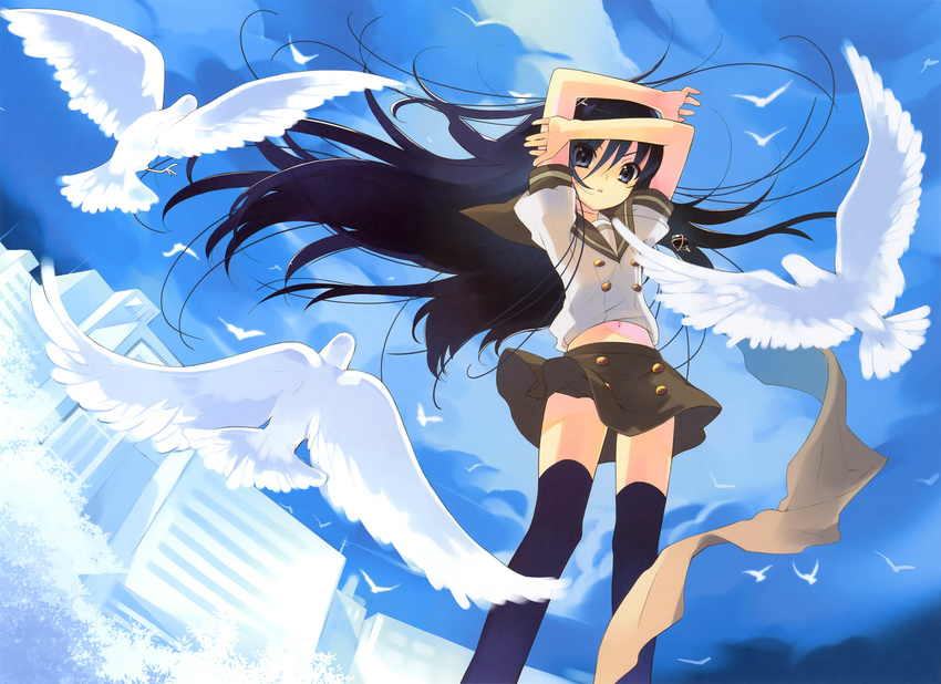 absurdres alastor_(shakugan_no_shana) bird black_hair blue_eyes highres incredibly_absurdres itou_noiji jewelry long_hair pendant school_uniform serafuku shakugan_no_shana shana skirt thighhighs zettai_ryouiki