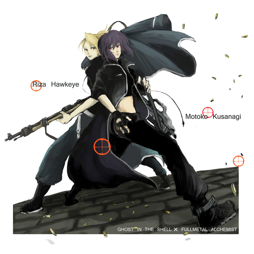 amestris_military_uniform back-to-back bad_id bad_pixiv_id blonde_hair crossover fingerless_gloves fullmetal_alchemist ghost_in_the_shell gloves gun highres kusanagi_motoko military military_uniform multiple_girls purple_hair red_eyes rifle riza_hawkeye uniform uzaki_(jiro) weapon