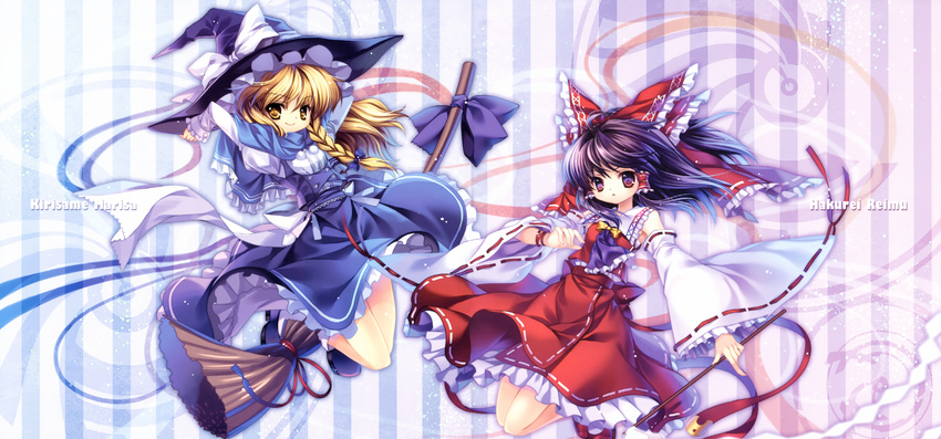 2girls absurdres blonde_hair bow braid brown_eyes brown_hair capura_lin detached_sleeves female frills hakurei_reimu hat highres incredibly_absurdres japanese_clothes kirisame_marisa miko multiple_girls skirt subterranean_animism touhou witch witch_hat