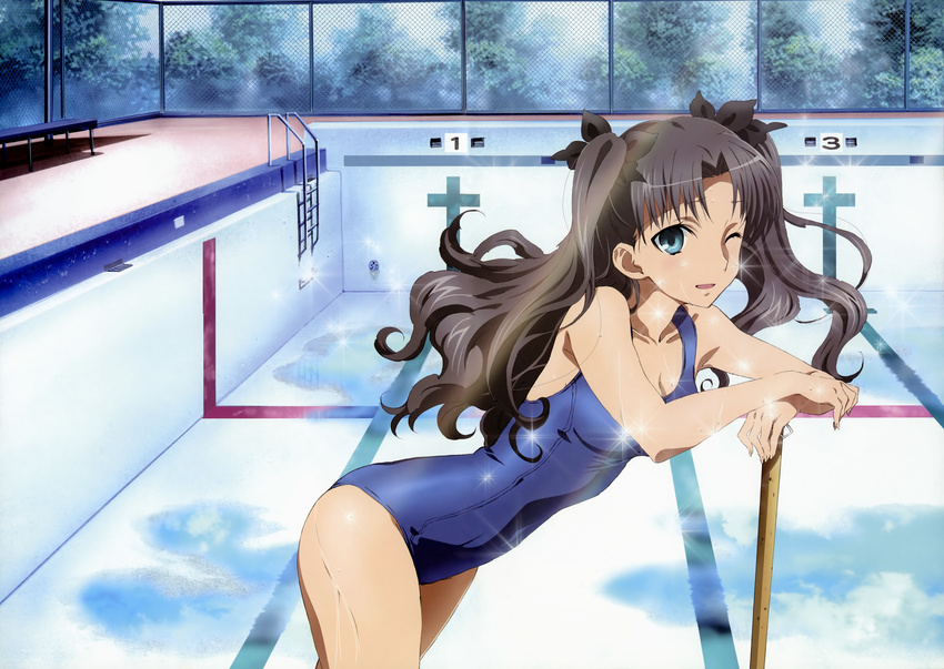 absurdres black_hair blue_eyes bow empty_pool fate/stay_night fate_(series) fence hair_bow highres iizuka_haruko leaning_forward long_hair looking_at_viewer non-web_source official_art one-piece_swimsuit one_eye_closed open_mouth pool pool_ladder reflection ribbon school_swimsuit solo sparkle swimsuit toosaka_rin two_side_up water wet