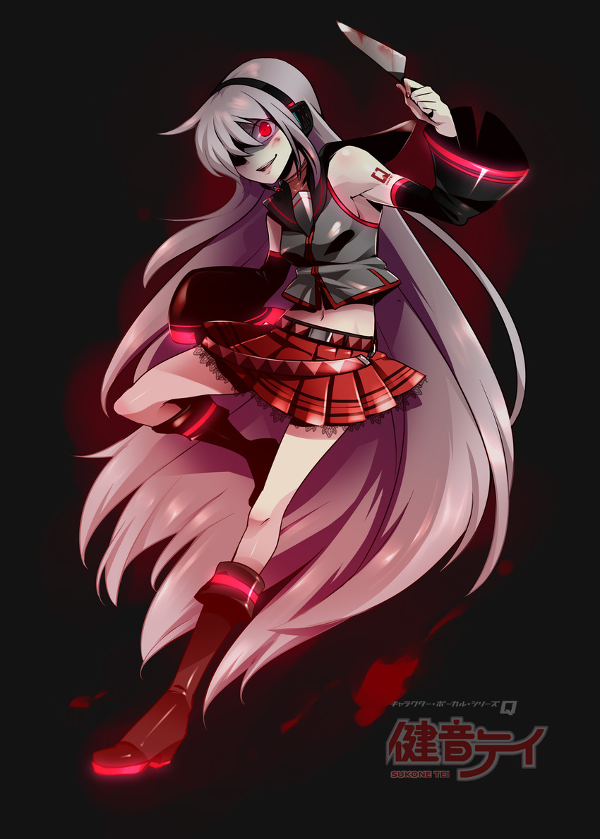 blood boots caffein detached_sleeves hair_over_one_eye headphones headset highres knee_boots knife lace legs long_hair midriff navel pleated_skirt red_eyes sailor_collar skirt solo sukone_tei utau very_long_hair yandere