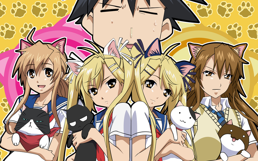 animal_ears kirishima_akari kirishima_kotone kousaka_junpei mizuno_kaede nyan_koi sumiyoshi_kanako twins vector