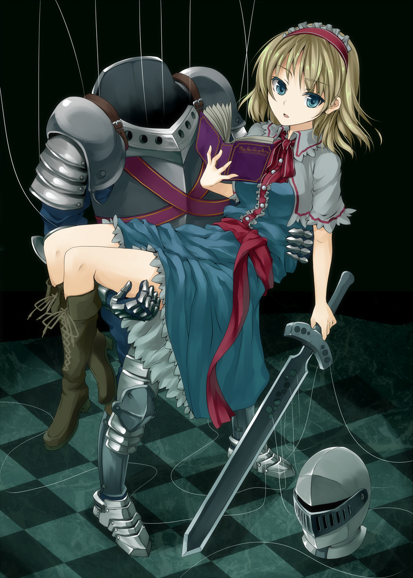 alice_margatroid armor blonde_hair blue_eyes book boots capelet carrying checkered checkered_floor colored_eyelashes dullahan full_armor hairband helmet highres legs princess_carry short_hair solo sword touhou unasaka_ryou weapon