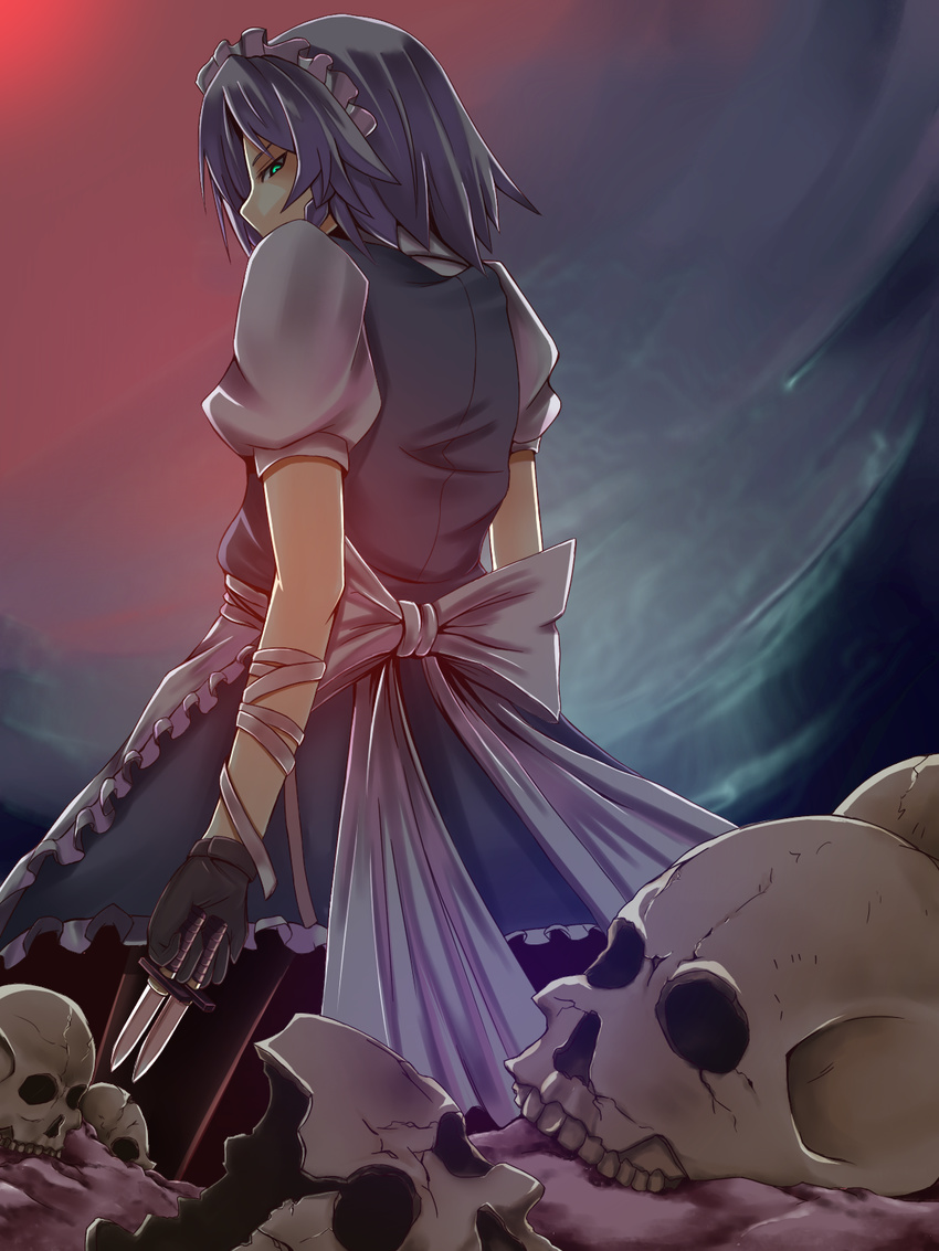 bad_id bad_pixiv_id bandages glaring gloves green_eyes hairband highres izayoi_sakuya knife looking_back maid nahu short_hair silver_hair skull solo touhou