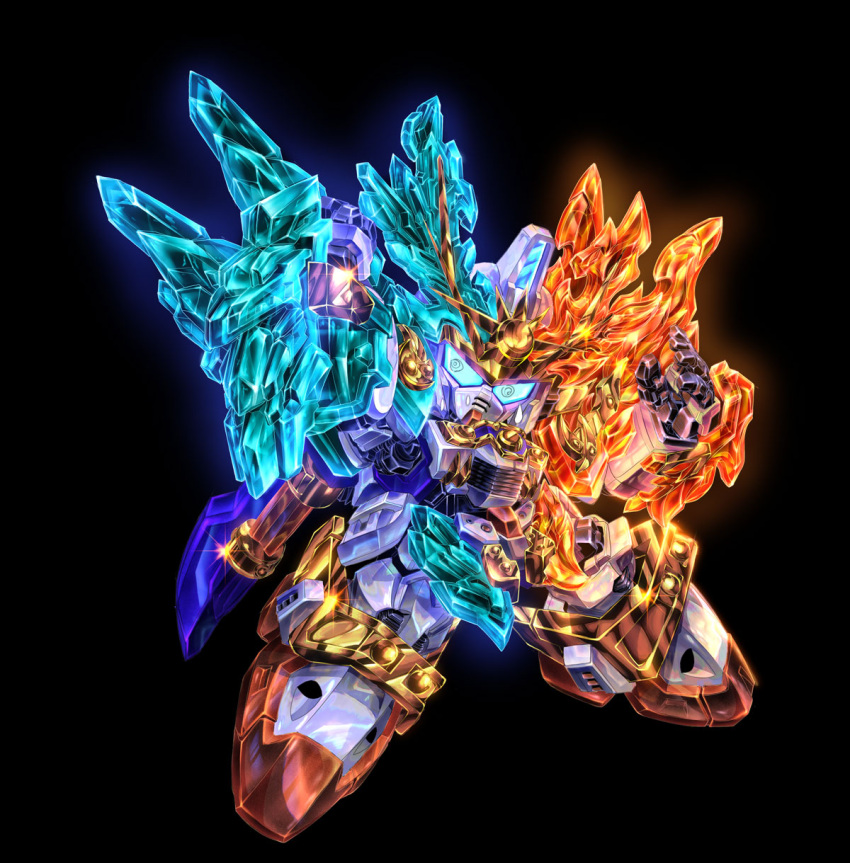 black_background blue_eyes clenched_hand glowing glowing_hand gundam head_tilt highres mecha no_humans open_hand rekkou_gundam sd_gundam shin_sd_sengokuden_densetsu_no_daishougun_hen shiny solo uungunover v-fin