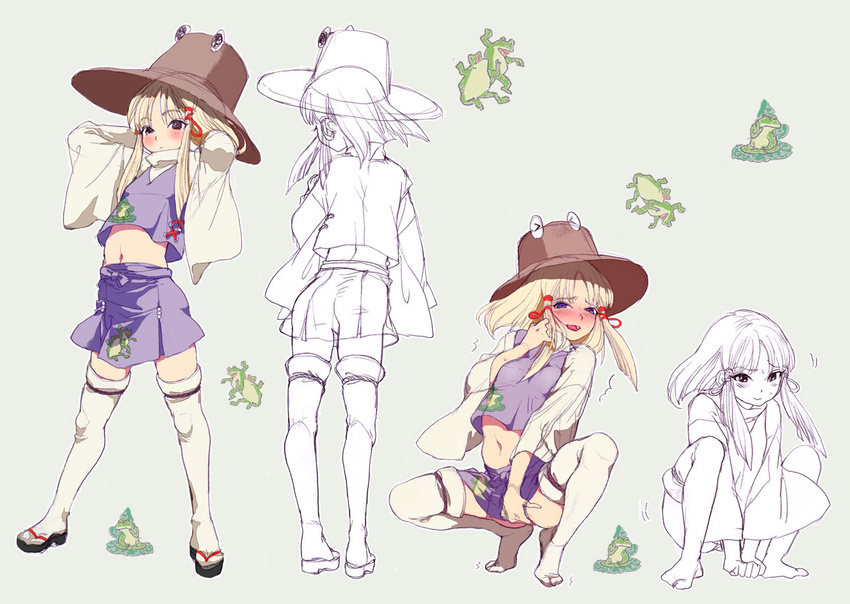 blonde_hair blush character_sheet eyes frog hana-kagume hands_in_hair hat midriff moriya_suwako navel purple_eyes sandals sexually_suggestive short_hair sidelocks sketch squatting thighhighs touhou trembling