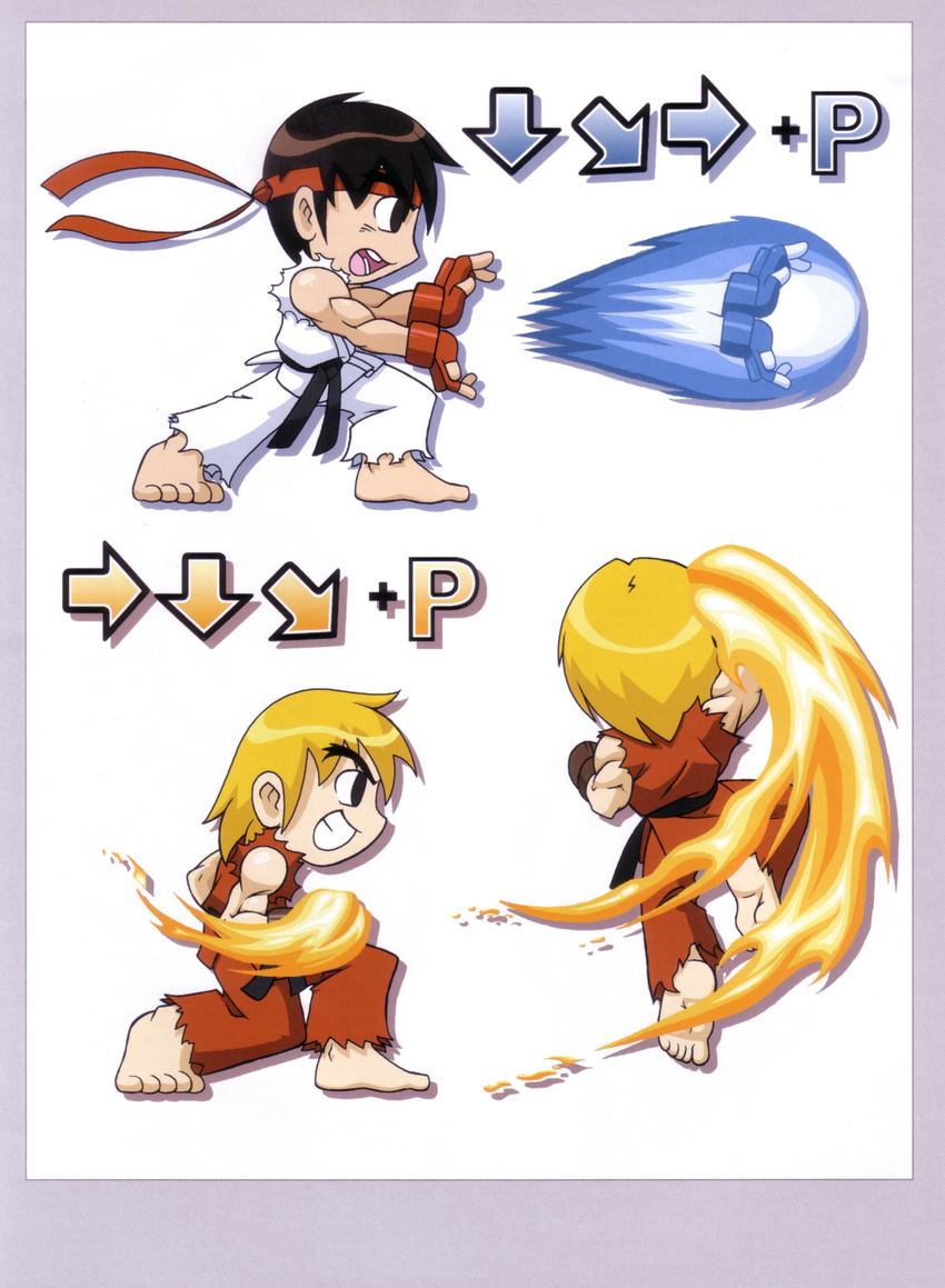 absurdres artist_request barefoot blonde_hair chibi fingerless_gloves fire gameplay_mechanics gloves hadouken highres ken_masters male_focus move_chart multiple_boys muscle ryuu_(street_fighter) shouryuuken special_moves street_fighter torn_clothes uppercut