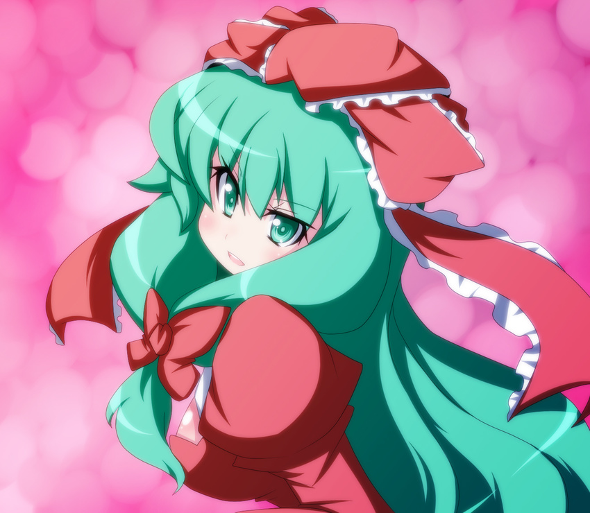 front_ponytail green_eyes green_hair hair_ribbon highres kagiyama_hina long_hair oborotsuki_kakeru ribbon solo touhou