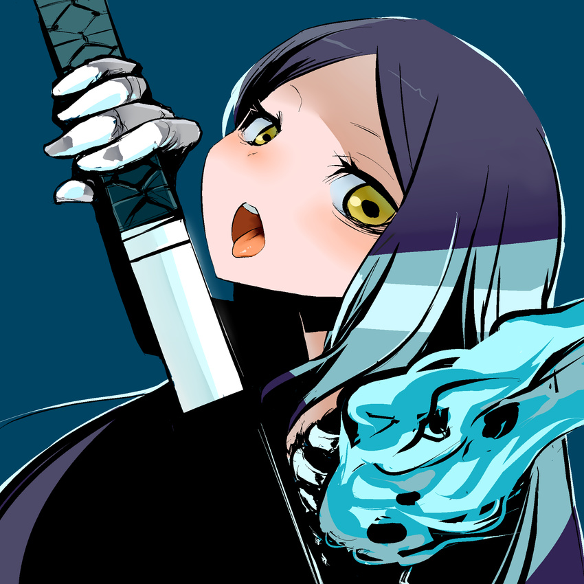 blue_fire copyright_request fire flame highres open_mouth purple_hair solo sword ume_(datsuryokugen) weapon yellow_eyes