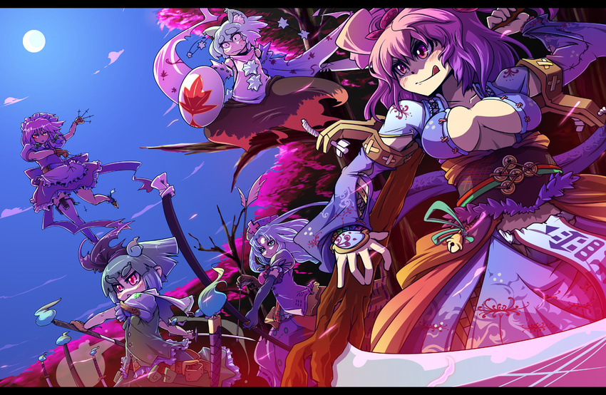 :&lt; :q adapted_costume animal_ears blue_eyes bow_(weapon) breasts cherry_blossoms cleavage detached_sleeves dual_wielding eyebrows flying frown full_moon gloves hairband hat hitodama holding in_tree inubashiri_momiji izayoi_sakuya kage_houshi knife konpaku_youmu konpaku_youmu_(ghost) large_breasts letterboxed long_hair maid maid_headdress moon multiple_girls nurse_cap onozuka_komachi pink_eyes pink_hair red_eyes serious shield short_hair silver_hair sword thick_eyebrows thigh_strap thighhighs tokin_hat tongue tongue_out touhou tree two_side_up weapon white_legwear wolf_ears yagokoro_eirin