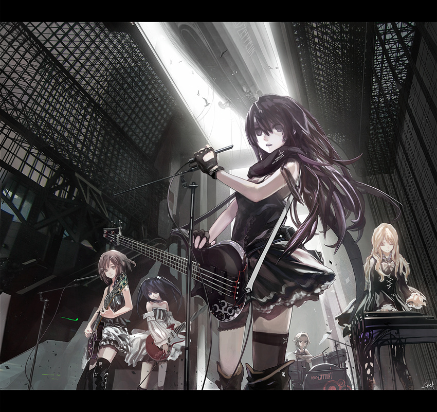 aircraft akiyama_mio band bass_guitar bird black_footwear boots bow bowtie detached_sleeves dirigible drum drum_set electric_guitar fingerless_gloves gloves guitar hangar highres hirasawa_yui instrument k-on! keyboard_(instrument) kotobuki_tsumugi led_zeppelin left-handed letterboxed lin+ long_sleeves microphone microphone_stand multiple_girls nakano_azusa single_thighhigh sleeveless tainaka_ritsu thigh_boots thighhighs twintails zeppelin