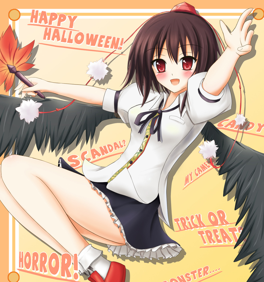 bad_id bad_pixiv_id black_wings blush brown_hair fan hat hauchiwa highres legs looking_at_viewer open_mouth red_eyes shameimaru_aya short_hair skirt smile solo tokin_hat touhou wings yuzin