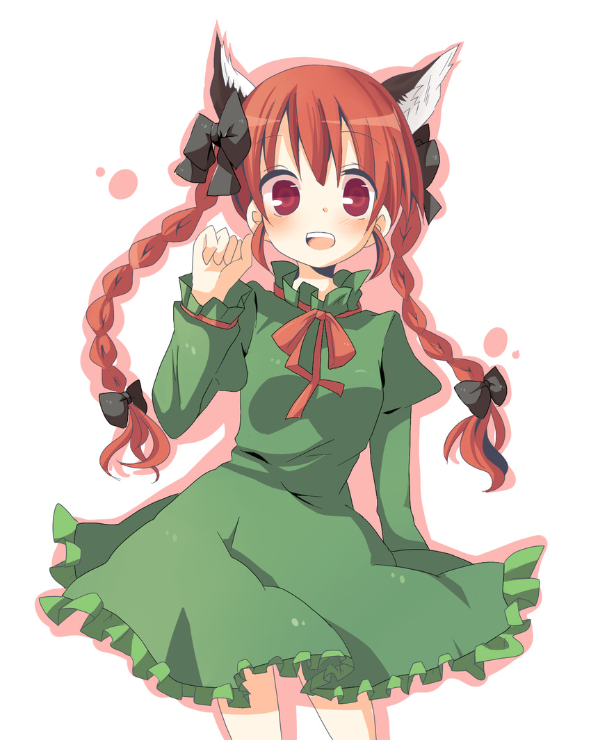 animal_ears bad_id bad_pixiv_id braid cat_ears doraemon_(artist) dress hair_ribbon highres kaenbyou_rin long_hair open_mouth red_eyes red_hair ribbon smile solo touhou twin_braids twintails
