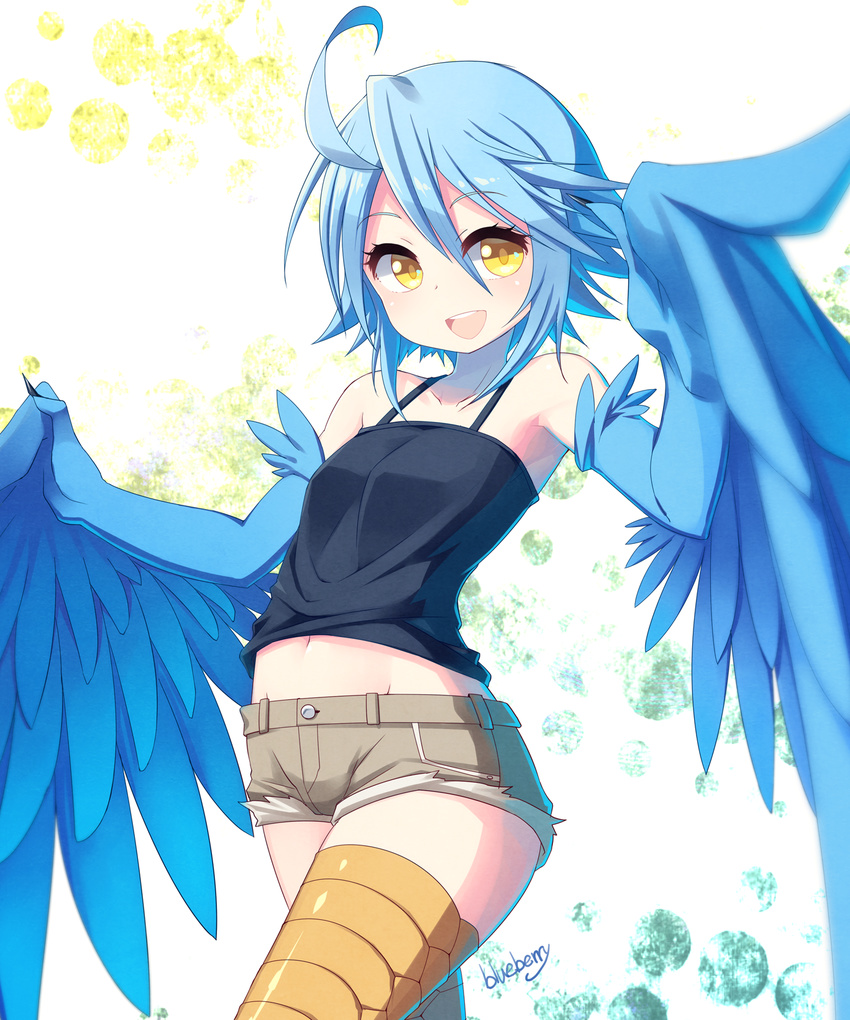 :d ahoge armpits blue_hair blue_wings blueberry_(5959) cowboy_shot denim denim_shorts feathered_wings feathers flat_chest harpy highres looking_at_viewer midriff monster_girl monster_musume_no_iru_nichijou open_mouth papi_(monster_musume) scales short_hair short_shorts shorts signature smile solo tank_top wings yellow_eyes