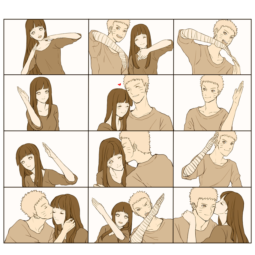 bandaged_arm couple heart hime_cut hyuuga_hinata kiss monochrome naruto naruto:_the_last pose spiked_hair uzumaki_naruto whiskers yuzu_(min-55)