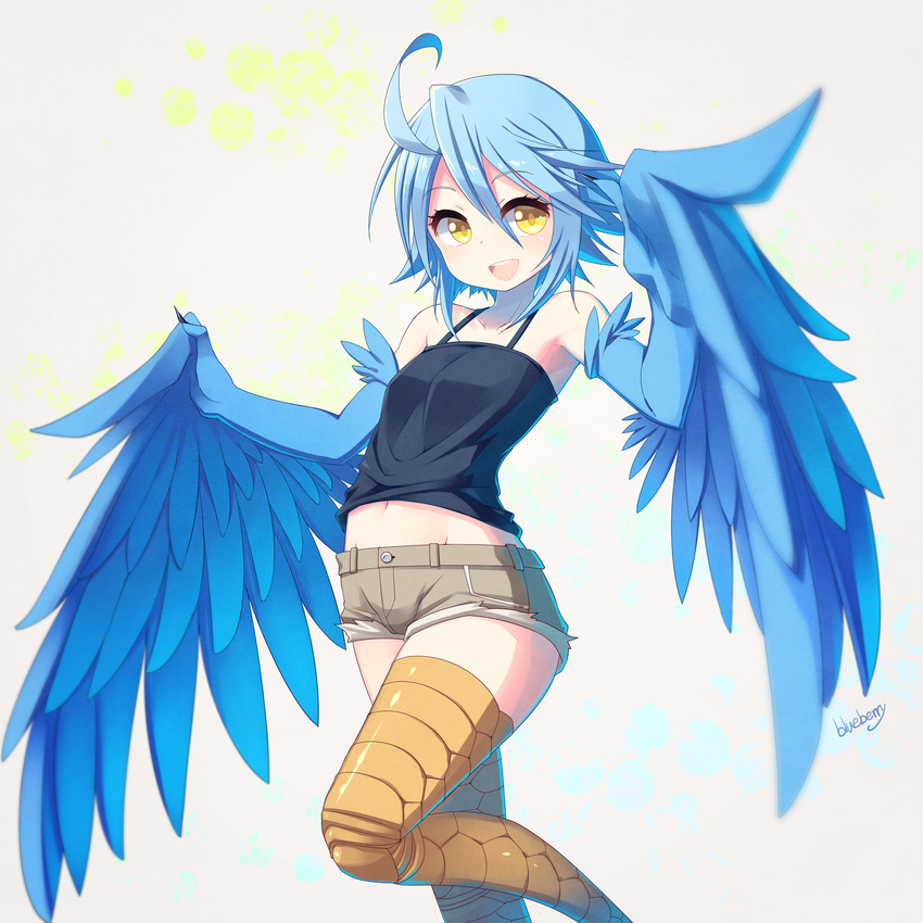 :d ahoge armpits bare_shoulders blue_hair blue_wings blueberry_(5959) blush denim denim_shorts feathered_wings feathers harpy highres looking_at_viewer midriff monster_girl monster_musume_no_iru_nichijou navel open_mouth papi_(monster_musume) revision short_hair short_shorts shorts simple_background smile solo tank_top wings yellow_eyes