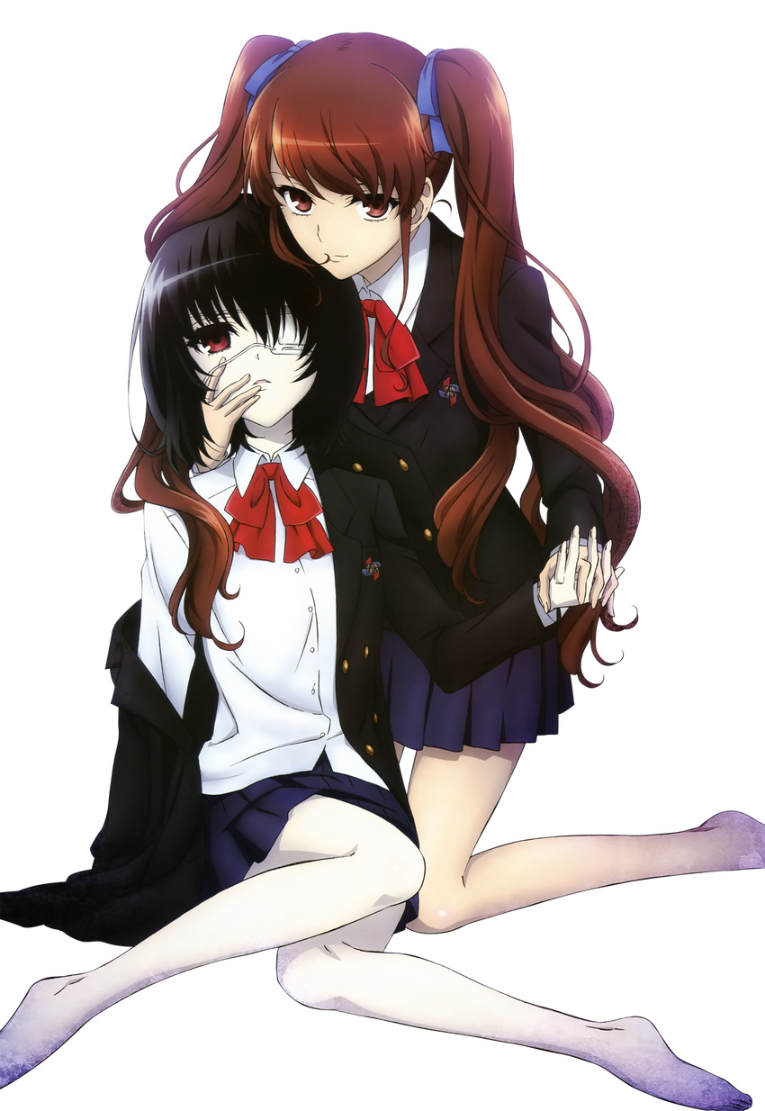 akazawa_izumi another barefoot black_hair blazer brown_eyes brown_hair dress_shirt extraction eyepatch hair_ribbon hand_on_another's_cheek hand_on_another's_face hands_together highres holding_hands interlocked_fingers jacket kneeling long_hair misaki_mei miyakawa_chieko multiple_girls neck_ribbon off_shoulder official_art pale_skin parted_lips pleated_skirt red_eyes ribbon school_uniform shirt short_hair sitting skirt transparent_background twintails unbuttoned very_long_hair wing_collar