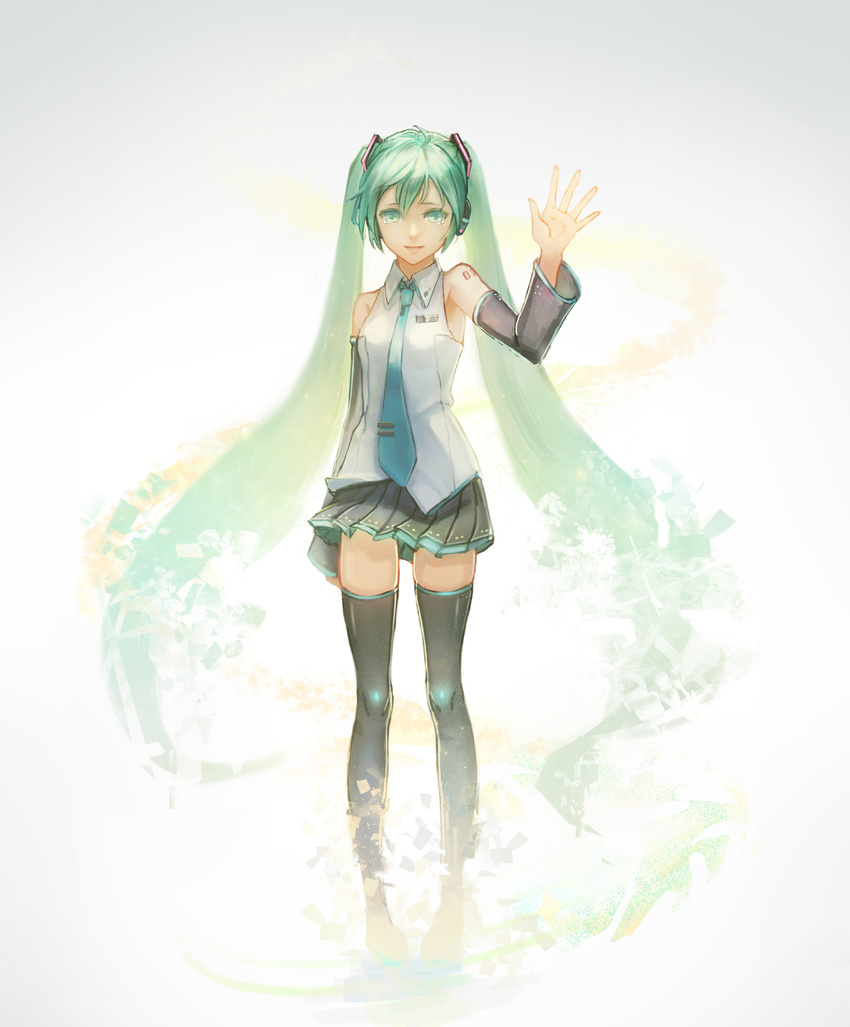 aqua_eyes aqua_hair bare_shoulders black_legwear bryanth detached_sleeves dissolving hair_ornament hatsune_miku highres long_hair long_sleeves looking_at_viewer necktie shirt skirt solo tattoo tears thighhighs twintails very_long_hair vocaloid waving zettai_ryouiki