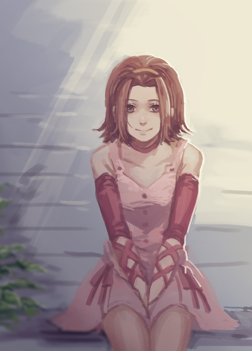 absurdres arm_warmers bad_id bad_pixiv_id between_legs blurry brown_hair choker depth_of_field dress hairband hand_between_legs highres jojo_no_kimyou_na_bouken pink_dress plant red_eyes rin2010 short_hair sitting stairs sugimoto_reimi sunlight