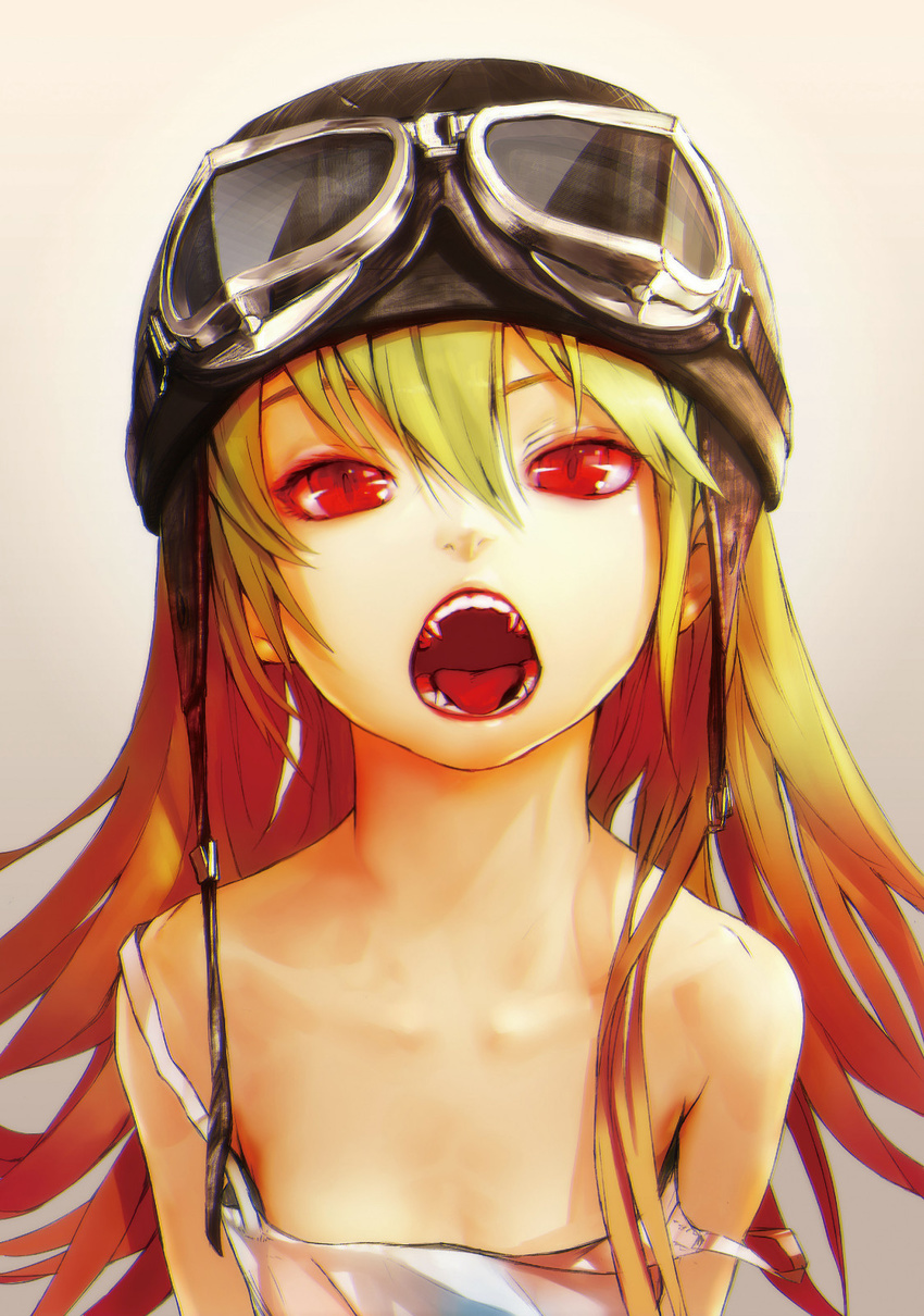 bakemonogatari bare_shoulders blonde_hair collarbone face fangs flat_chest goggles gradient_hair hat helmet highres long_hair monogatari_(series) multicolored_hair open_mouth oshino_shinobu raised_eyebrow red_eyes red_hair redjuice solo strap_slip tank_top teeth tongue vampire