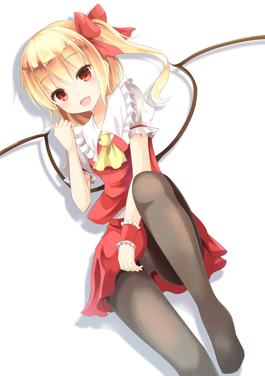 :d absurdres aibumi ascot bad_id bad_nicoseiga_id black_legwear blonde_hair blush bow flandre_scarlet hair_bow highres looking_at_viewer lying no_hat no_headwear on_back open_mouth pantyhose red_eyes side_ponytail simple_background smile solo touhou white_background wings wrist_cuffs