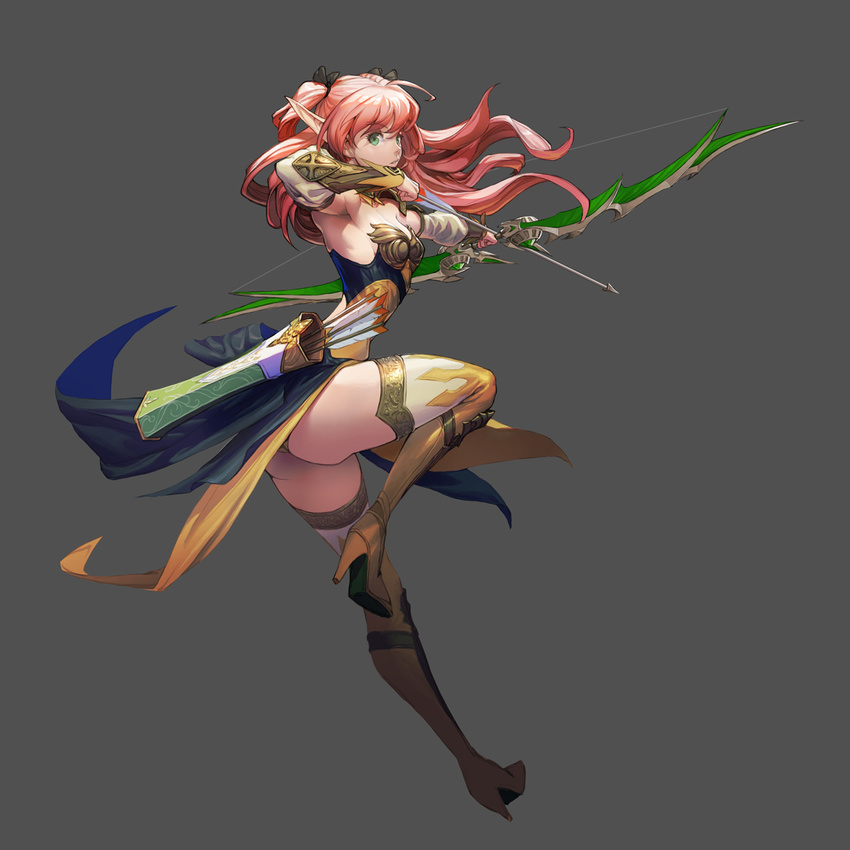 armpits arrow ass bow_(weapon) elf green_eyes grey_background high_heels highres leg_up long_hair looking_at_viewer loped pelvic_curtain pink_hair pointy_ears simple_background solo thighhighs thighs weapon white_legwear