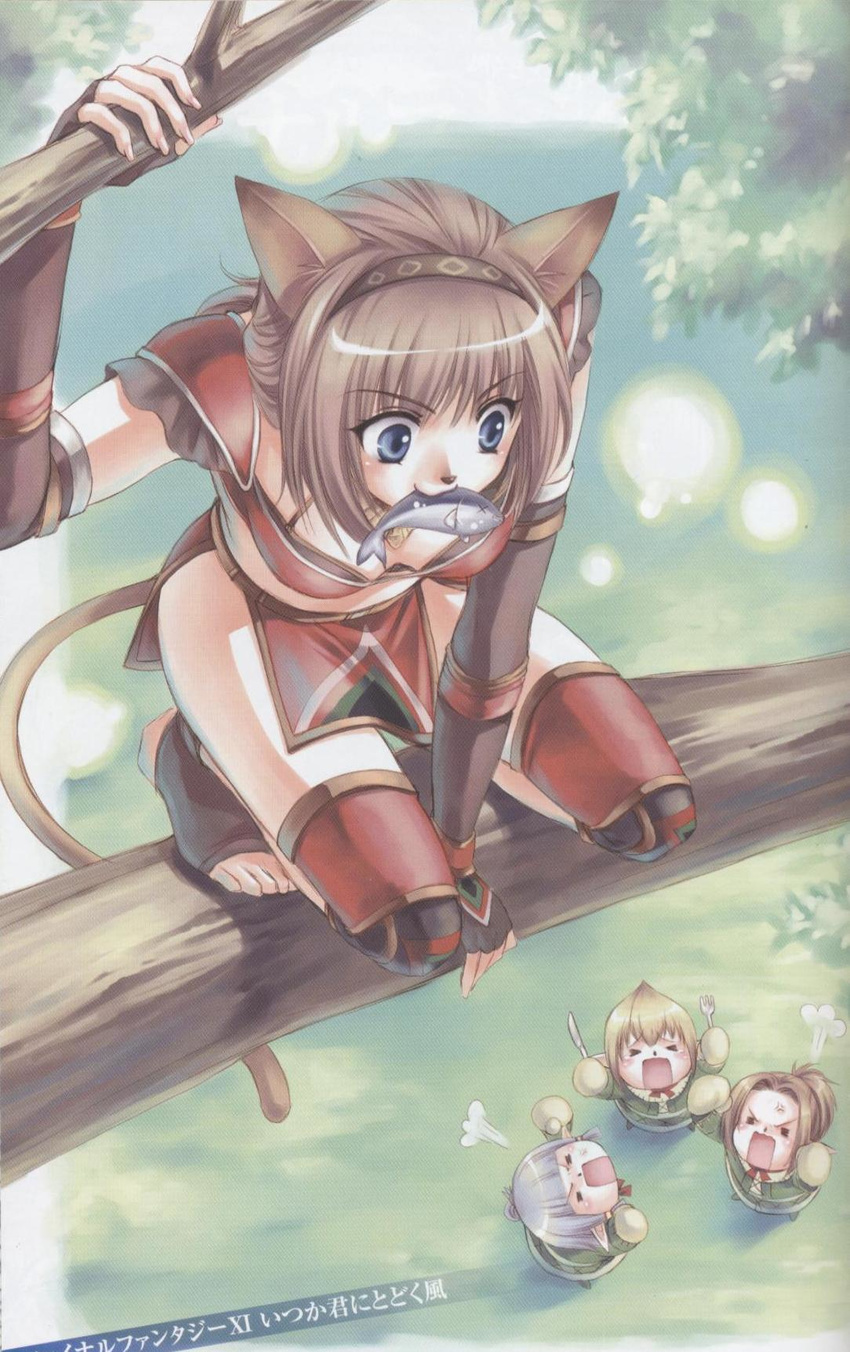 angry animal_humanoid armor black_nose blue_eyes breasts brown_hair cat_humanoid cleavage clothed clothing crying feline female final_fantasy final_fantasy_xi fish hair high-angle_shot human inner_ear_fluff japanese_text loincloth long_hair looking_down mammal marine mithra outside tears text tree unconvincing_armor unknown_artist video_games x_eyes