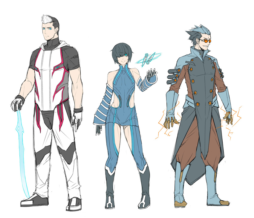 2boys bare_shoulders black_hair blue_eyes blue_hair boots collar electricity evil_grin evil_smile exaxuxer excalibur_(warframe) floating full_body glasses grin hair_over_one_eye highres humanization kunai looking_at_viewer mag_(warframe) multicolored_hair multiple_boys parted_lips side_slit simple_background smile standing teeth two-tone_hair volt_(warframe) warframe weapon white_background white_hair