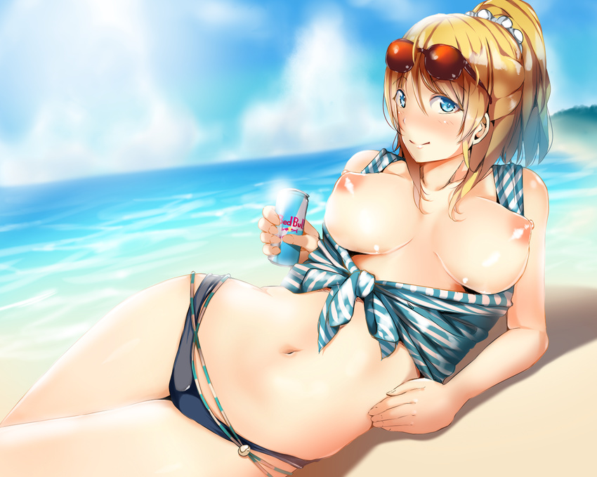 ayase_eli bad_id bad_pixiv_id beach blonde_hair blue_eyes blush brand_name_imitation breasts chiiutsu_(cheewts) day eyewear_on_head highres large_breasts long_hair looking_at_viewer love_live! love_live!_school_idol_project lying nipples on_side outdoors ponytail red_bull smile solo sunglasses water